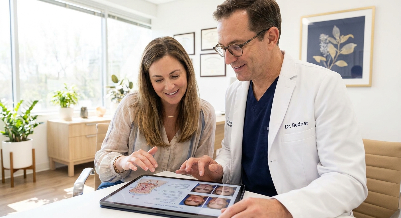Plastic surgeon consulting with female patient reviewing treatment photos in modern Charlotte medical office